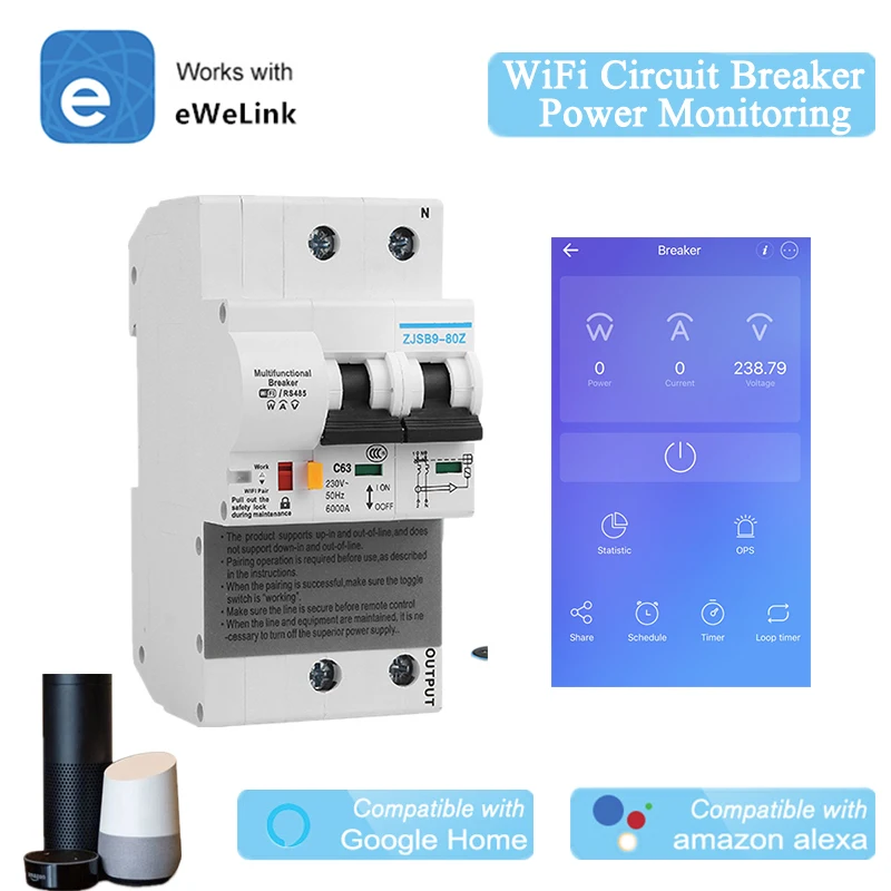 

Измеритель мощности EWelink 2P, Wi-Fi автоматический выключатель, мониторинг энергии, умный выключатель Alexa Google Home, совместимый с управлением Lan IFTTT