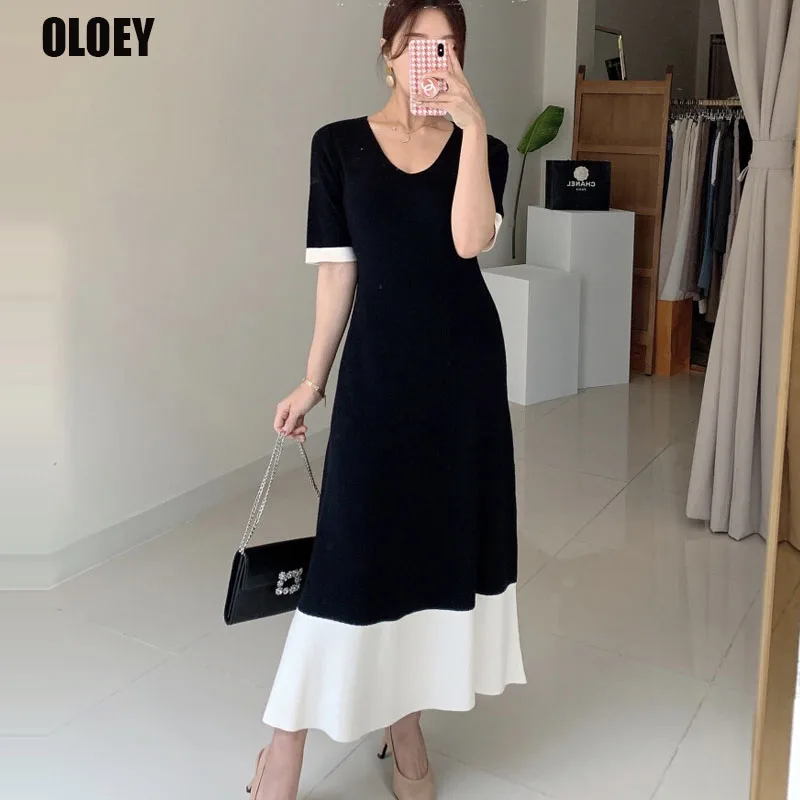 

2021 Summer Women Slim Sweater Knitted Dress Maxi Dresses One-Piece Lady Knit Sweater Dress Korean Elegant Office Party Dresses