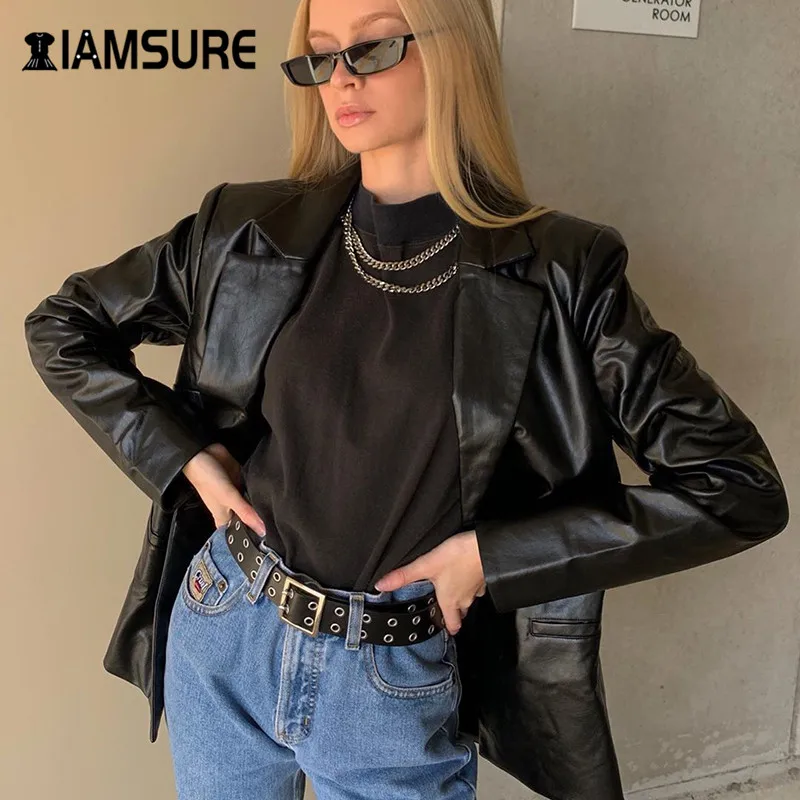 

IAMSURE 2020 осень, повседневный стиль, свободный покрой с кожаная куртка для женщин уличная Модная рубашка с отложным воротником черная Базовая ...