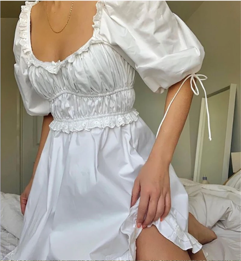 

Женское мини-платье с рюшами, белое милое праздничное платье с пышными рукавами, коротким рукавом и завышенной талией, платье в стиле Лолита