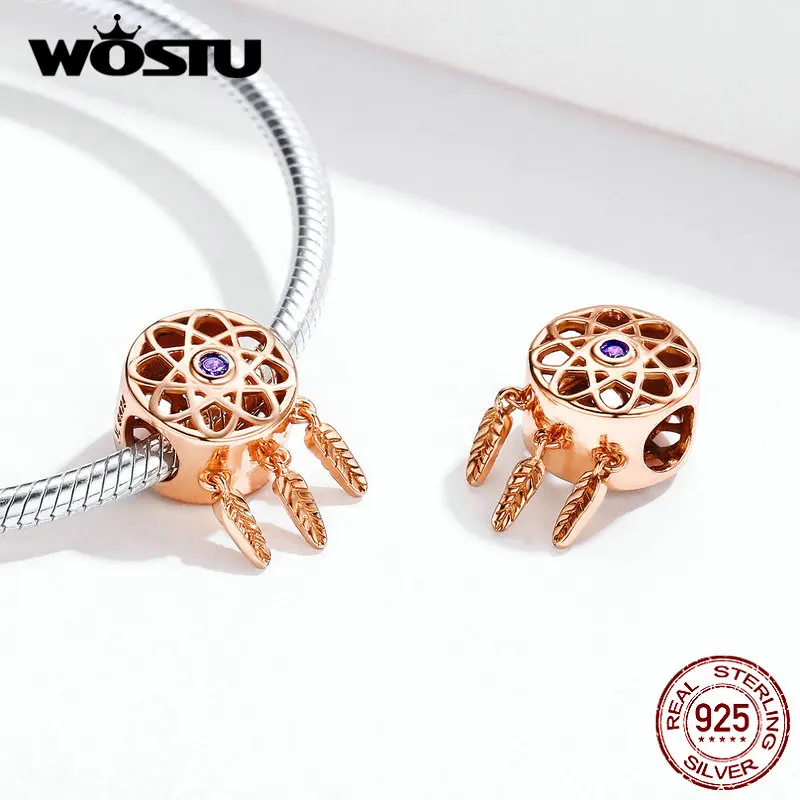 WOSTU, 925 пробы, серебряный, Ловец снов, шарм, розовое золото, бусины, подходят к оригинальному браслету, кулон, свадебные ювелирные изделия, изготовление CQC330-C