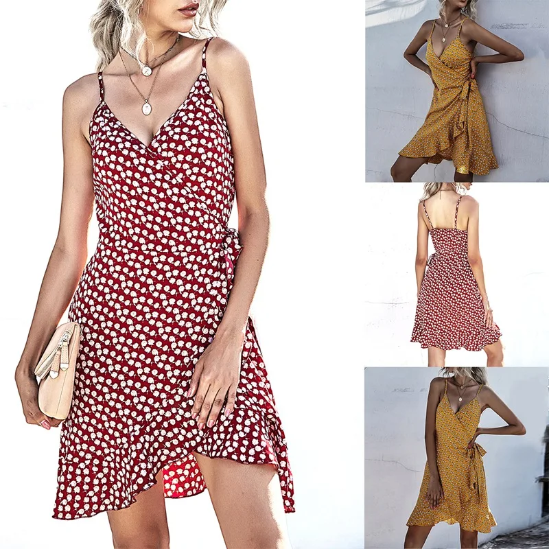 

Women's Summer V-Neck Printed Mini Dress Irregular Ruffled Sling Dress