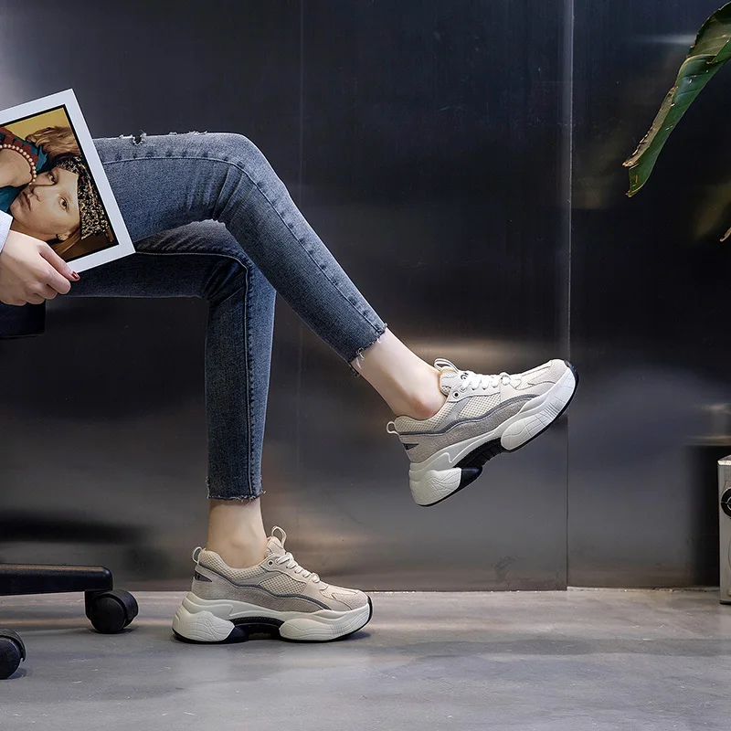 

INS Hot Selling Clunky Sneaker Women Flat Platform Shoes Genuine Leather Flying Weaving Breathable Thick Bottom Leisure Shoes