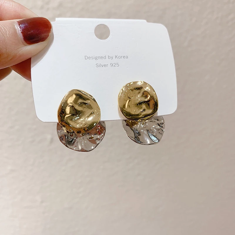 

AENSOA 2020 S925 Personality Vintage Geometric Irregular Disc Folds Gold Silver Color Metal Drop Earrings for Women Oorbellen