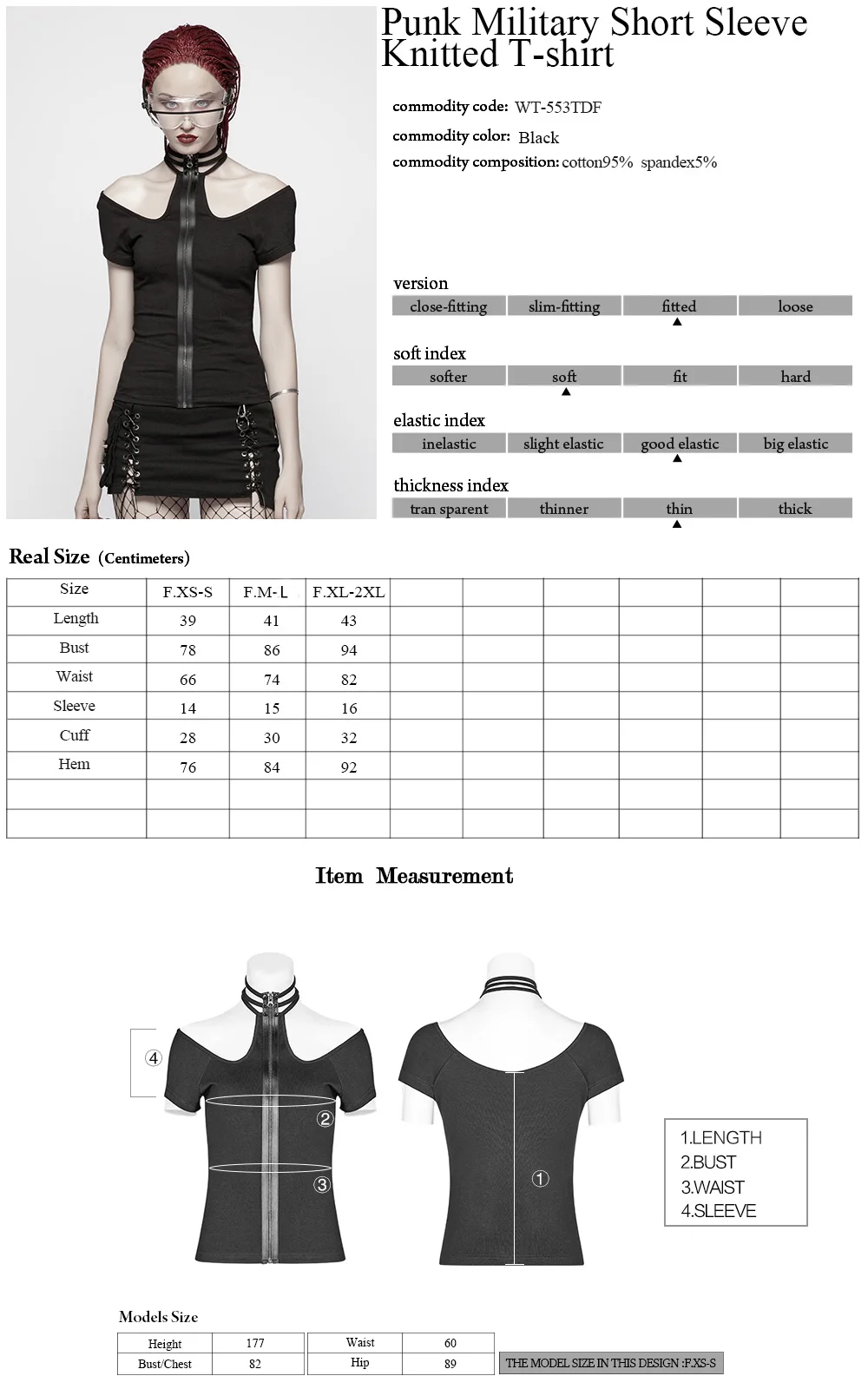 

Punk Rave Women Sexy T-shirt Punk Zipper Placket Cotton Knitted Military Short Sleeve Streetwear Personality Tops for Women