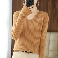 spring and autumn new womens v neck pullover pure color versatile sweater elegant fashion long sleeved knitted bottoming shirt