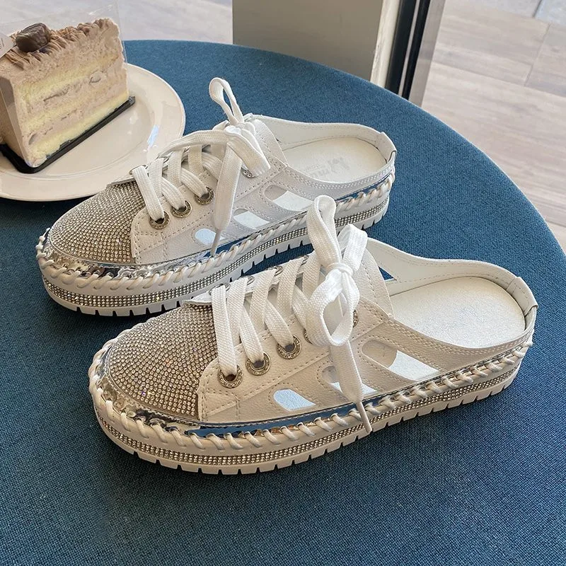 

Crystal Circular Toe Leather Flat Shoes Women's Silver Samming Band Band Couple Platform Shoes Ladies Apartment With Students