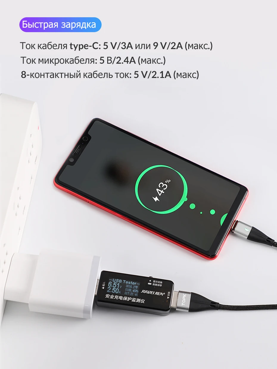 Магнитный кабель TOPK 3A для быстрой зарядки, кабель Micro USB для мобильного телефона и кабель usb type-C для iPhone, samsung, Xiaomi, huawei, htc, LG
