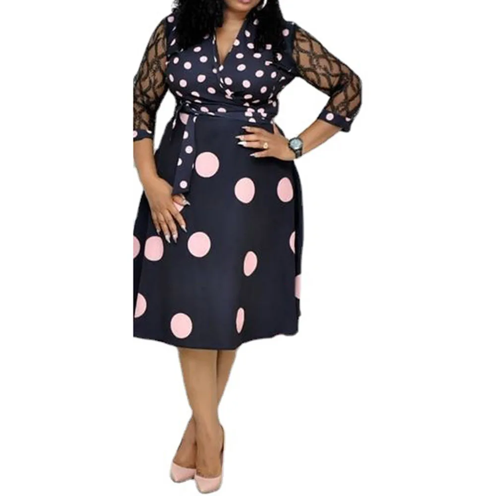 

Western Style Ladies Dresses Spring Autumn Fashion Temperament Oversize African Casual Net Yarn Splicing Wave Point V-neck 2021