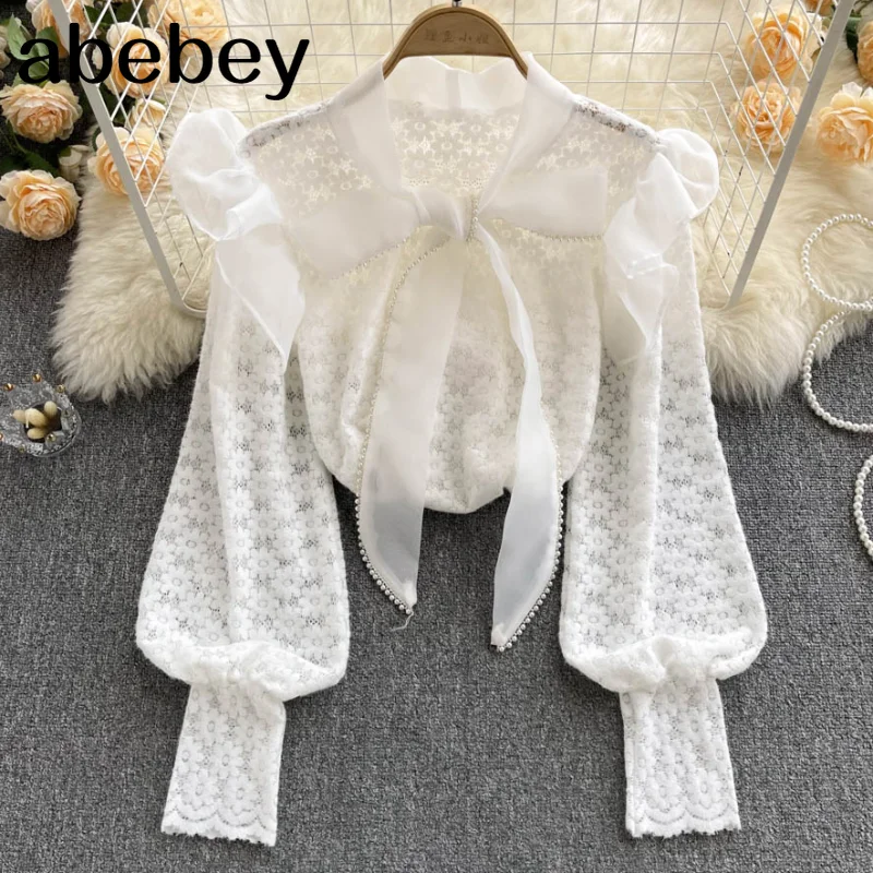 

Women French Lace Blouses Spring New Temperament Gentle Sweet Elegant Tops Lantern Sleeve Ruffles Loose Casual Shirts