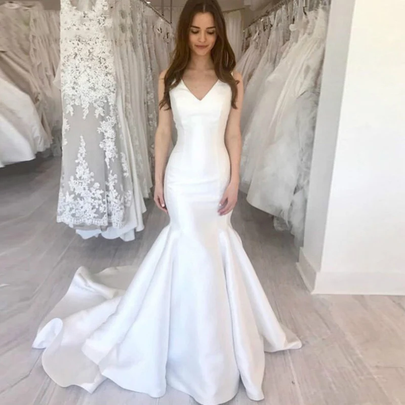 

Simple White Satin Mermaid Dress Customized V-Neck Wedding Dresses For Marriage Bridal Gowns Plus Size robe de mariée 2020