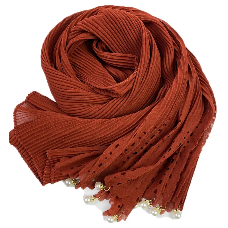 

Bubble Chiffon With Pleated Long Plain Hijab Wrap Muslim Hijabs Scarf Turbanet Headscarf Hanging Pearls Crystal