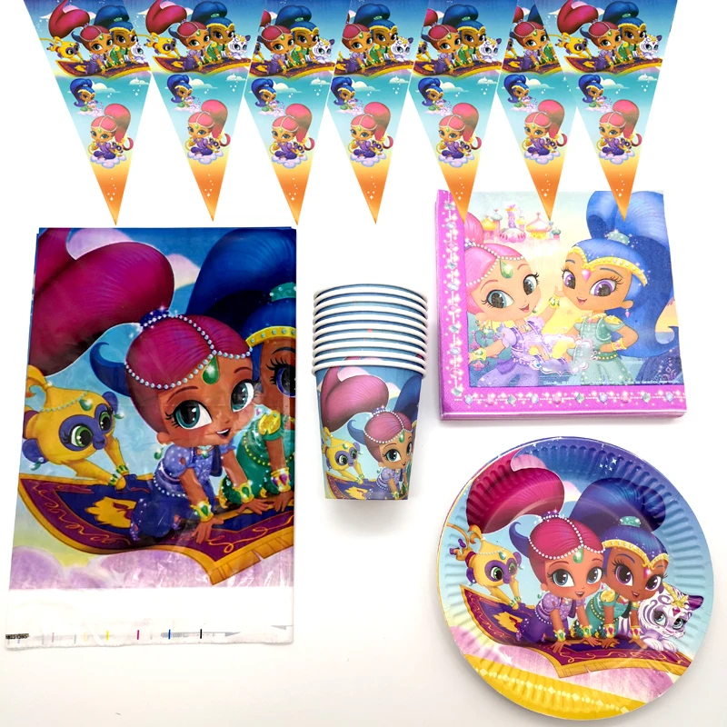 

51pcs/lot Shimmer and Shine Theme Tableware Set Birthday Party Napkins Flags Baby Shower Tablecloth Plates Cups Decorate Dishes