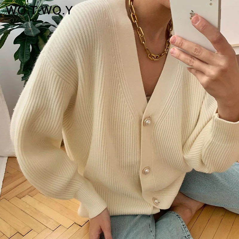 WOTWOY Single Breasted Cashmere V-Neck Cardigans Women Knitted Basic Pink Sweaters Autumn Winter Femme Jumpers |