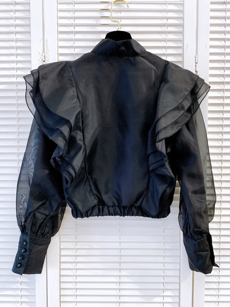 

Retro solid color sexy perspective ruffled organza elastic waist short shirt ladies autumn new fashion all-match top