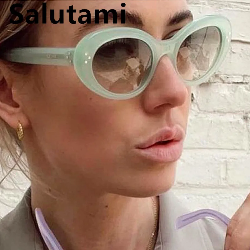 New Luxury Brand Small Oval Rivet Sunglasses For Women Vintage Green Gradient Sun Glasses Female Elegant Shades Ins Hot Black