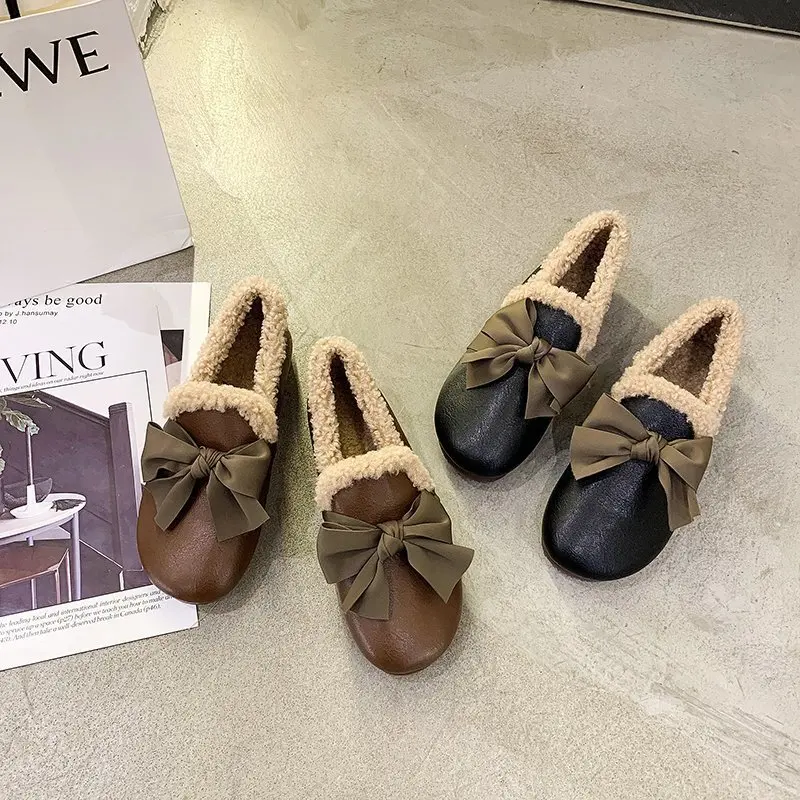 

Winter Warm Brand Women Flat Sneakers Winter Plush Fur Female Loafers Faux Fur Female Casual Shoes bow Flats