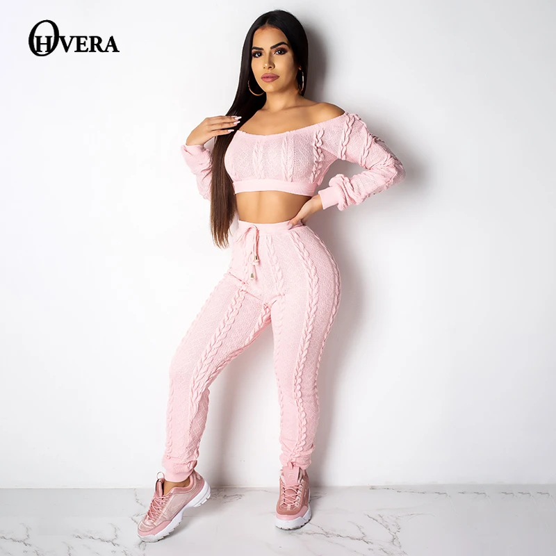 Ohvera вязаный женский комплект 2 шт. с длинным рукавом Топы и длинные брюки низкой