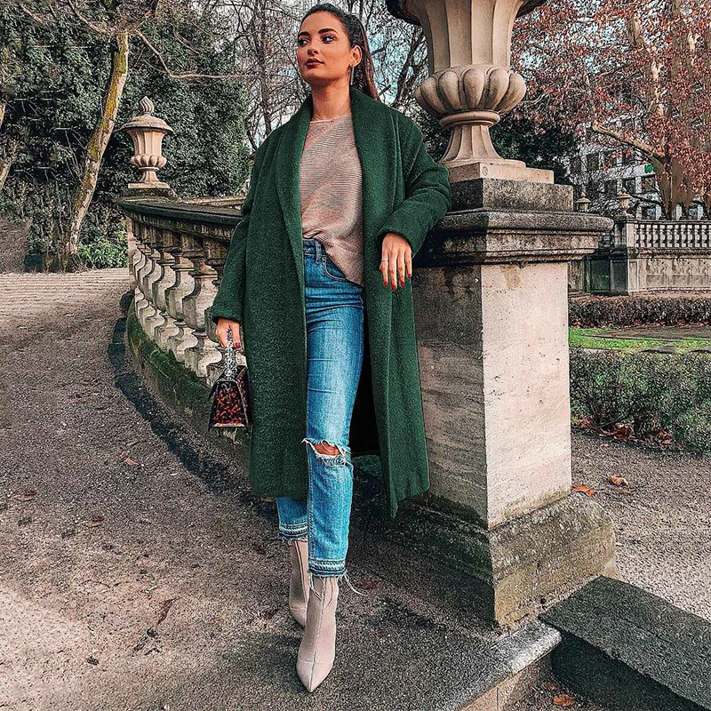 Осень-зима 2019 модное одноцветное шерстяное повседневное пальто женское теплое