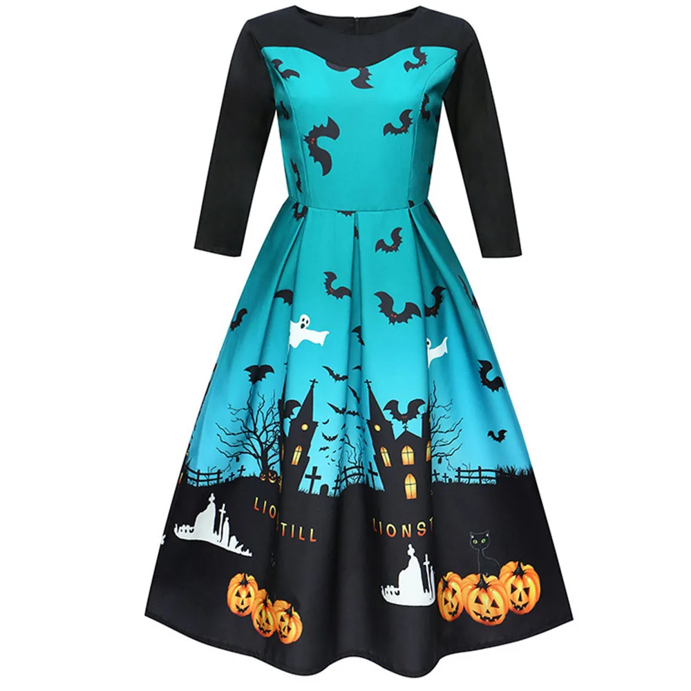 Платье для Хэллоуина Женский замок с летучими мышами принт 3/4 платье рукавами