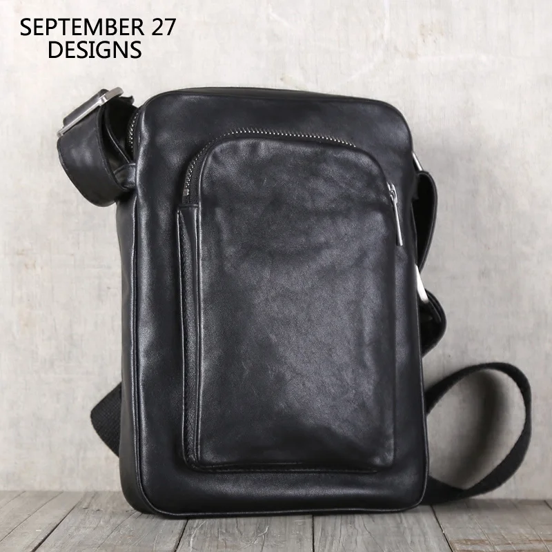 New Fashion Messenger Bag Men Genuine Leather Handmade Top-end Cowhide Male Mini Phone Bags Zipper Casual Shoulder Crossbody Bag