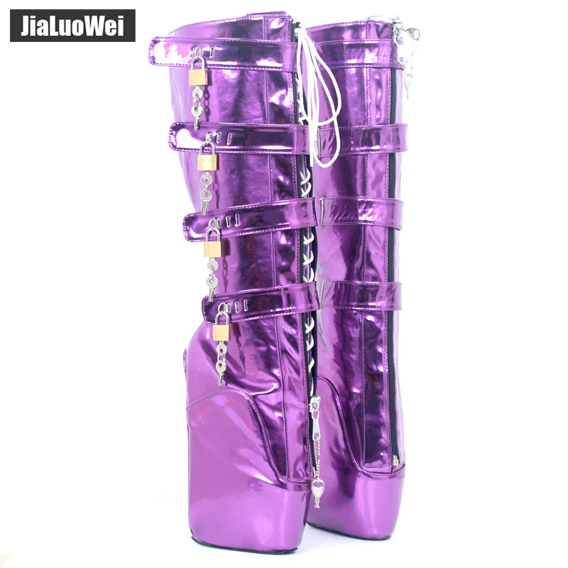 18CM Extreme High Heel Platform Lace-up Lockable Zip Padlock Buckle Strap Sexy Fetish Knee-High Boots Metallic Purple | Обувь