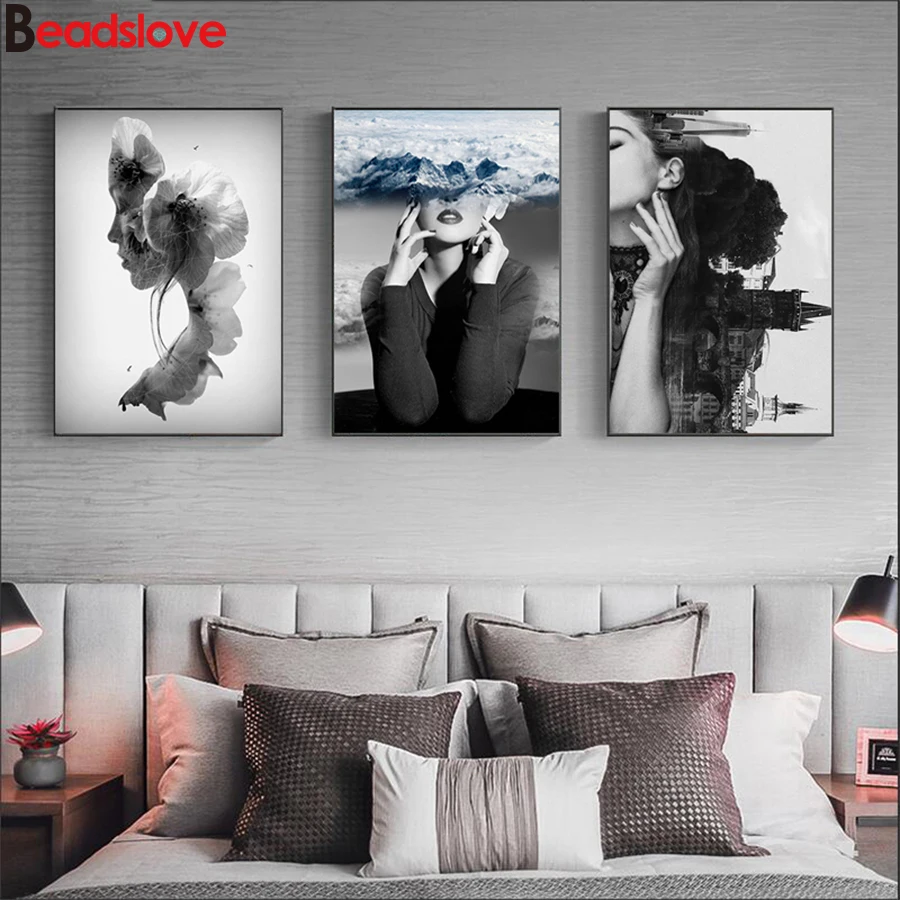 

5d Diy Diamond Painting 3 Pieces Abstract woman flower landscape pattern full drill square round diamond embroidery mosaic decor