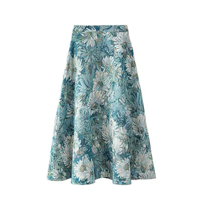 

Falda larga de Jacquard con flores para Primavera/otoo, faldaS34 elegante de talla grande, de cintura alta, a la altura de la