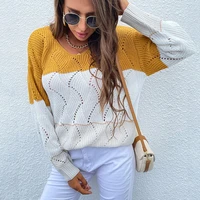 fashion womens sweater new autumn casual hot sale round neck pullover color matching loose openwork knitted sweater