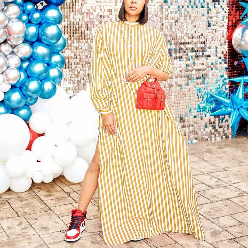 

Long Sleeve Striped Casual Maxi Slit Dress