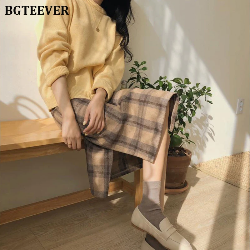Женская длинная клетчатая юбка BGTEEVER винтажная прямая с высокой талией
