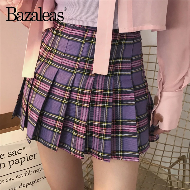 Женские юбки с высокой талией Bazaleas фиолетовые плиссированные в клетку