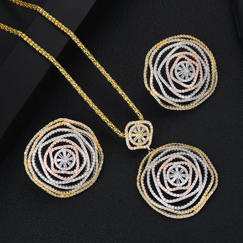3 Tone GODKI Luxury Flower Round African Bangle Ring Set Indian Jewelry Sets For Women Wedding Engagement brincos para as mulheres - Окраска металла: 3 Tone