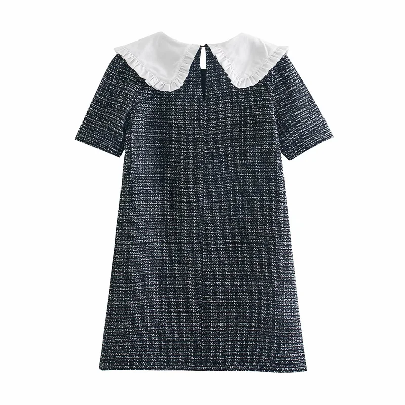 

Spring and Autumn Women's Casual Textured Doll Collar Short Sleeve Ruffled Decorative Dress