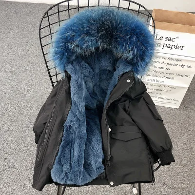 Black Sdyney Blue Детское пальто с мехом; зимняя одежда для мальчиков и девочек; детские куртки с натуральным кроличьим мехом; Верхняя одежда для девочек; плотная теплая парка; детская ветровка; TZ336 - Цвет: Black Sdyney Blue