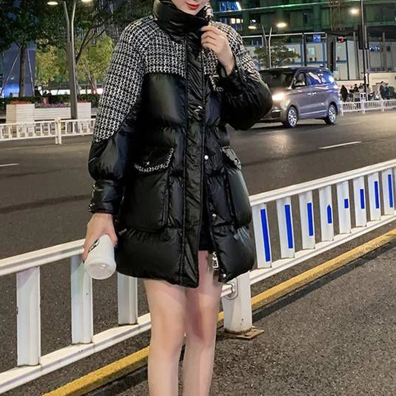Women's Winter Patchwork Coats with Large Pockets and Belts Mid-length Down Padded Jackets Female Plaid Stitching Thick Jacket