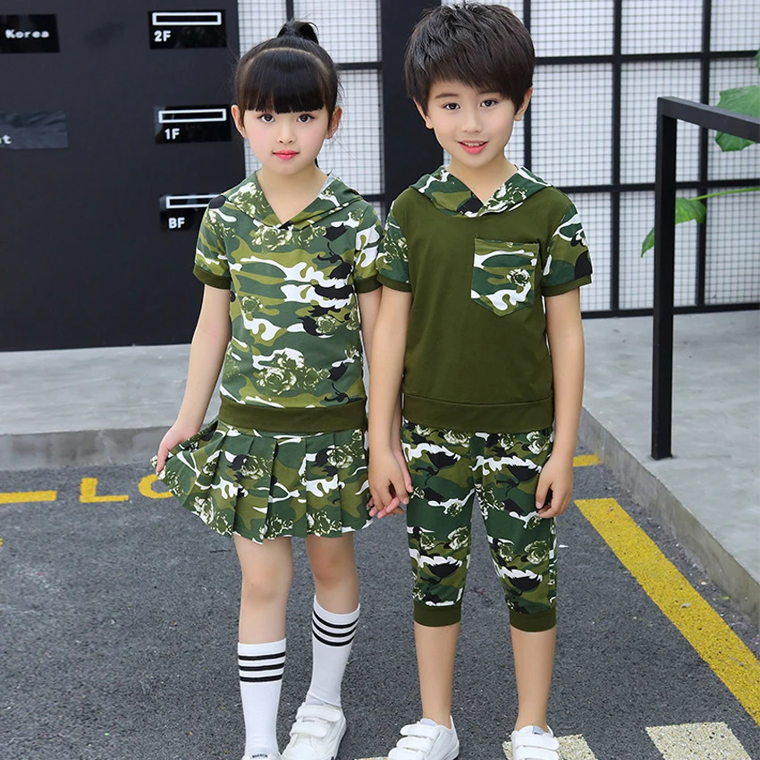 Костюм детский Камуфляжный в стиле милитари с капюшоном и шортами/юбкой|Военный|