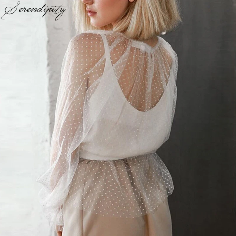 Белая кружевная Прозрачная женская блузка в горошек осенняя Уличная Сексуальная