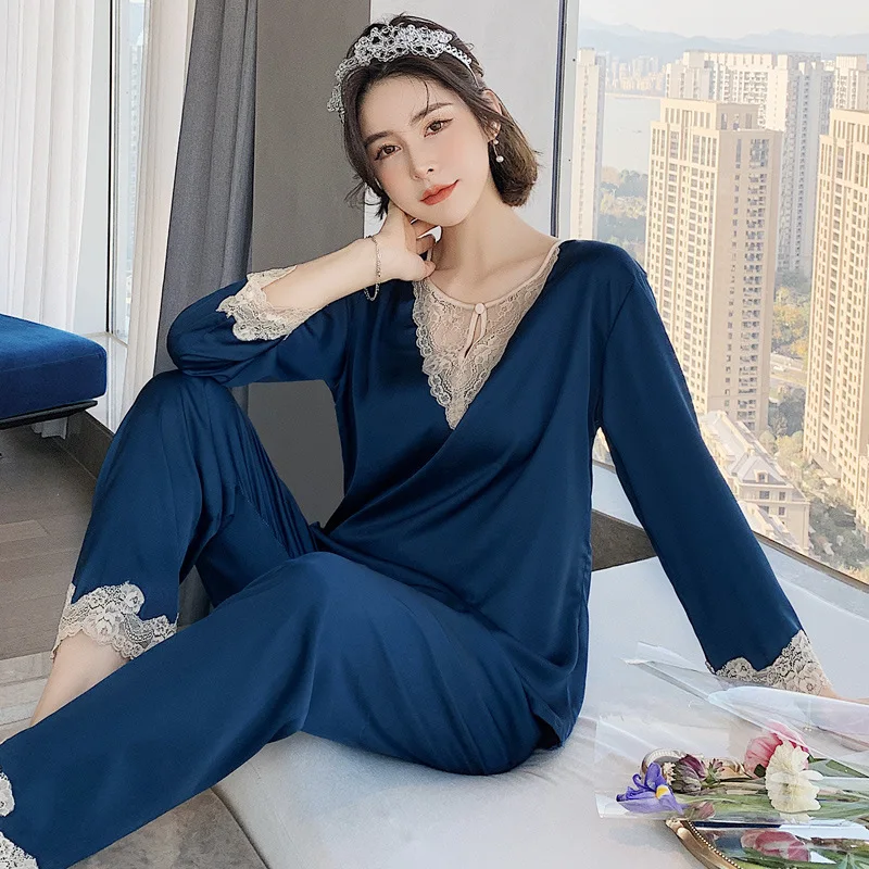 2021 Spring Women Satin Pajamas Nightwear With Lace Decoration Ladies Homewear Suit 2 Pieces a Set Top and Pants