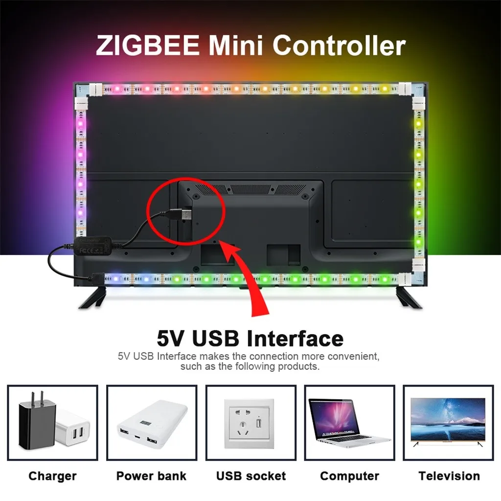 2 м умный светодиодный 5 в ZigBee мини RGBCCT светодиодный светильник в полоску контроллер Набор Умный домашний светильник#909