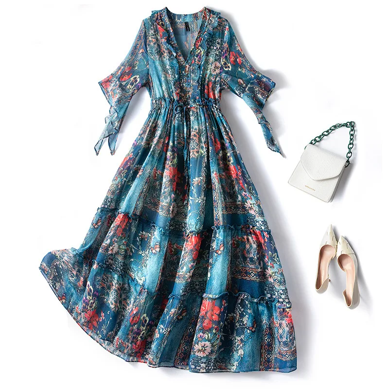 

L XL XXL 3XL 4XL 5XL 2021 Summer New Arrival Casual V Neck Plus Size Floral Chiffon Dress Woman