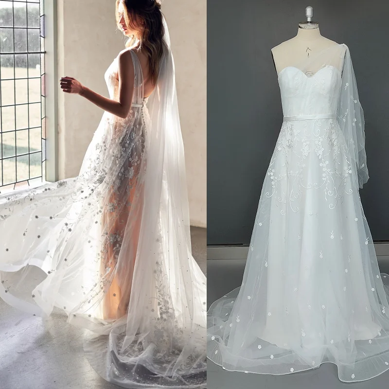 

8138#Real Photos One Shoulder Sleeveless Sweetheart Open Back Tulle Sweep Train Lace Applique Wedding Dress Wedding Bridal Gown