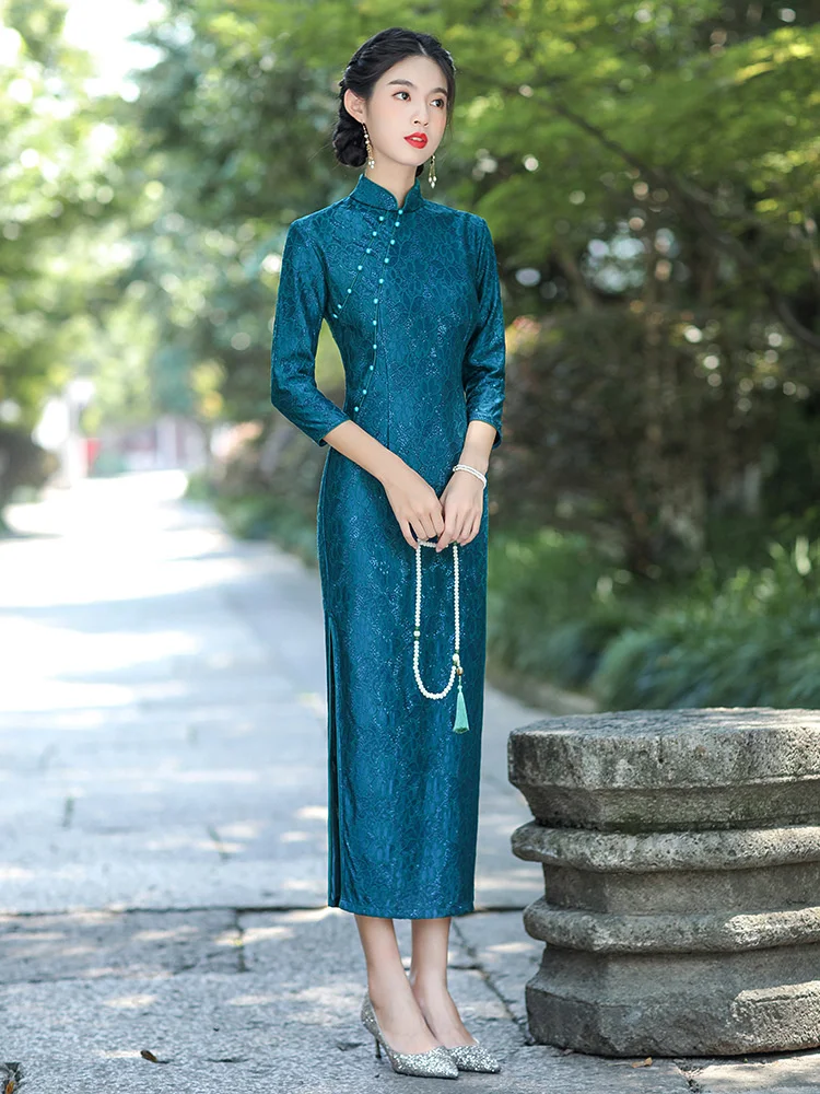 Sheng Coco Long Sleeve Oblique Placket Nail Bead Deep Blue China Qipao Dress Women's 2022 New Improved Lace Cheongsam Dress 4XL