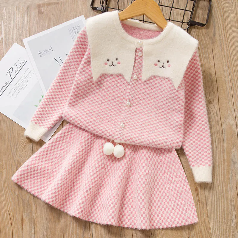 pink AX1278 Bear leader/платье для девочек новое зимнее детское платье принцессы Милая одежда с длинными рукавами для девочек топ, пуловер+ платье с сумкой, Vestido - Цвет: pink AX1278