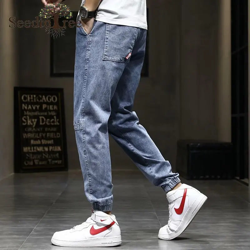 Letter Printing Men's Casual Jeans Slim Small Feet Denim Trousers