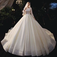 vestido de novia a line new applique long sleeve glittery wedding gown 2022 o neck with train embroidery princess bridal dress