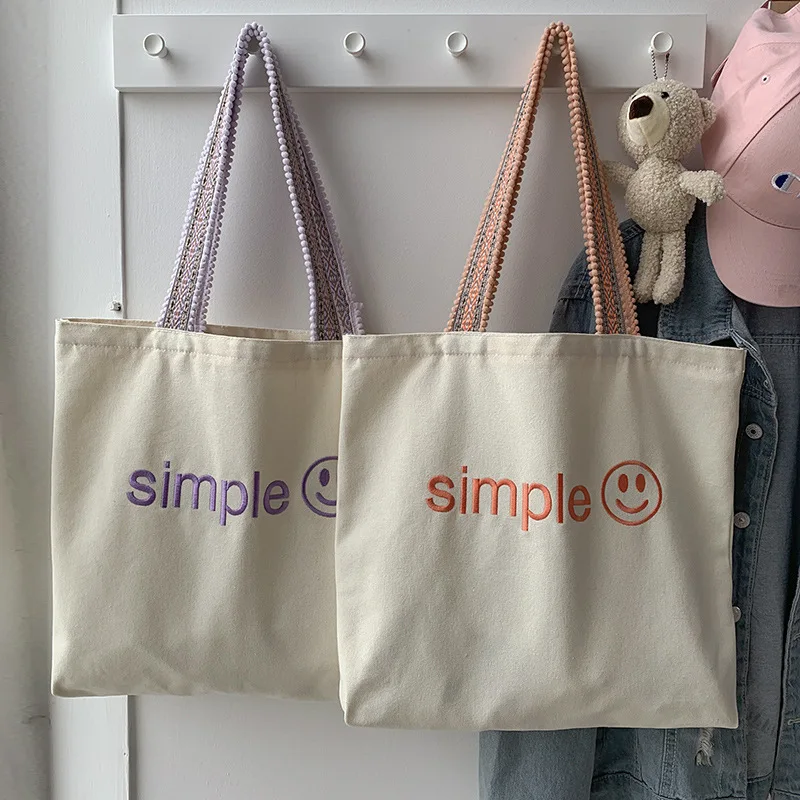 

New Embroidered Canvas Bag Women's Single Shoulder Hanfeng Shopping Bag Large Capacity Student Class Bag Smiley Tote Girls