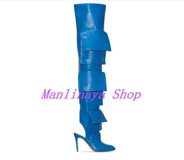 Синие кожаные женские ботинки с вырезами в стиле пэчворк высокие сапоги выше