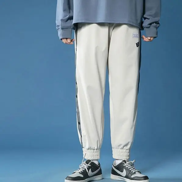 

CSQ Classic Men Pants Cut Off Side Long Pants Korean Fashion Buttons Wide Casual Trousers