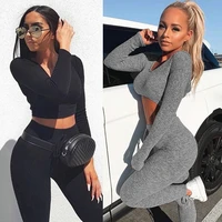 yiciya gray 2021 spring sexy v neck knitted women tracksuit 2 piece set long sleeves crop tops pants 2 piece outfits for women